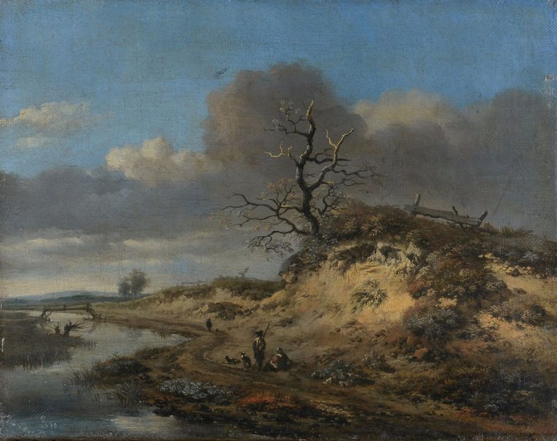 Paisagem de dunas com um rio, Jan Wijnants, pintura a óleo do século XVII