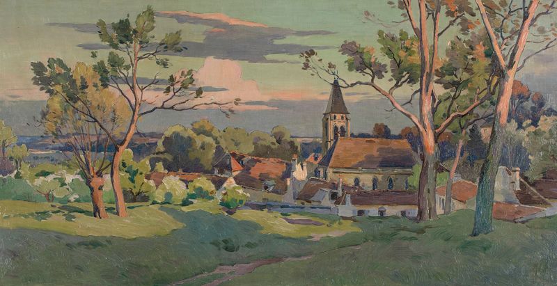 Village avec une église by Paul Léon Felix Schmitt, oil on canvas depicting a tranquil rural landscape.
