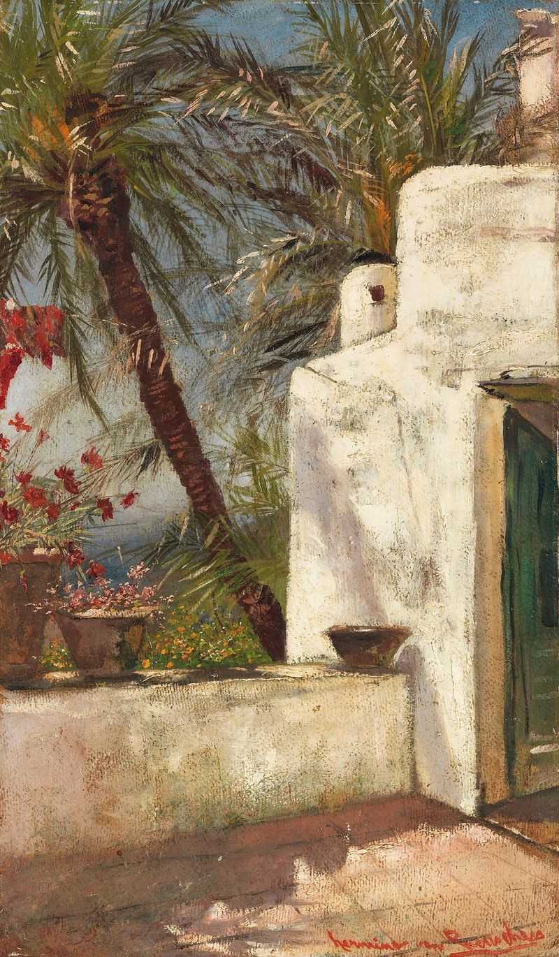 Pintura a óleo de Hermione von Preuschen com palmeiras e uma varanda em Capri.