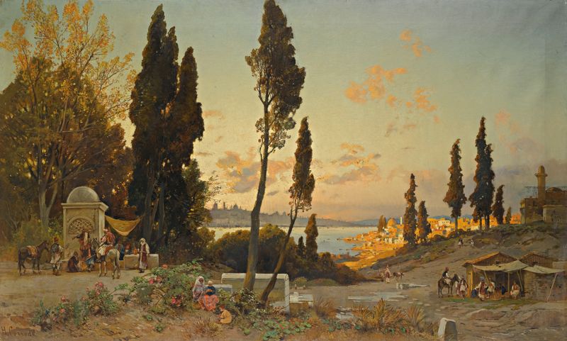 View Across The Bosphorus, Constantinople by Hermann David Salomon Corrodi, oil painting depicting a landscape.