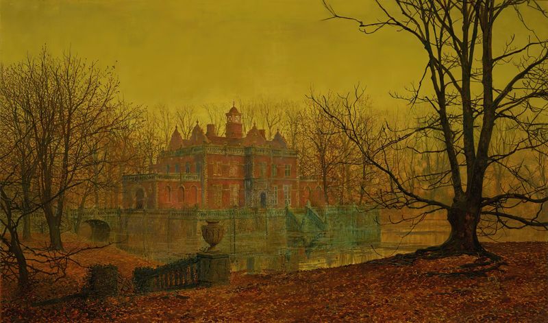 A Moated Yorkshire Home de John Atkinson Grimshaw, óleo sobre tela que retrata uma paisagem ao crepúsculo.