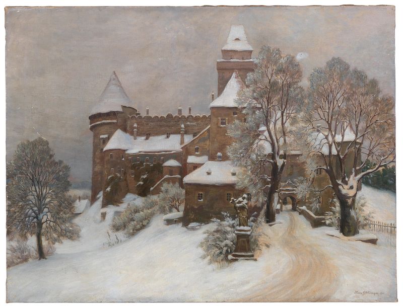 Landscape oil painting by Hans Götzinger featuring a castle surrounded by greenery and light.