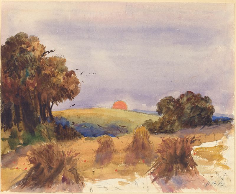A cornfield at sunset, oil painting by Hercules Brabazon Brabazon