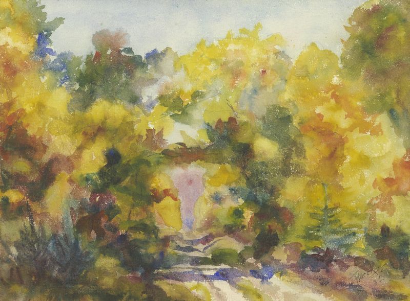 Forest path in oil on canvas by Friedrich Mook, featuring lush foliage and dappled sunlight.