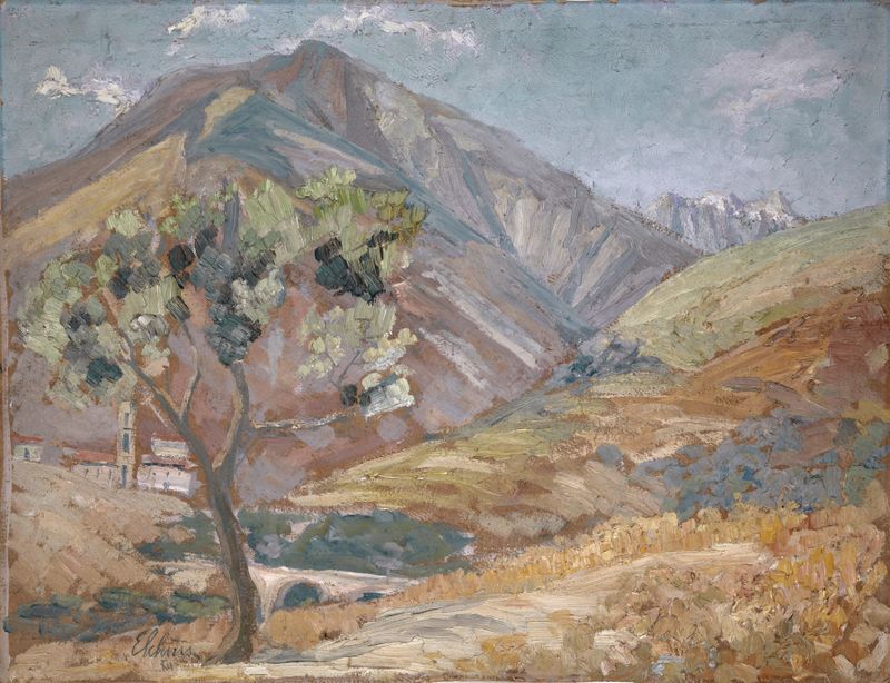 Olive in the Corsican Mountains de Ernst Schiess, óleo sobre lienzo que representa un olivo y montañas