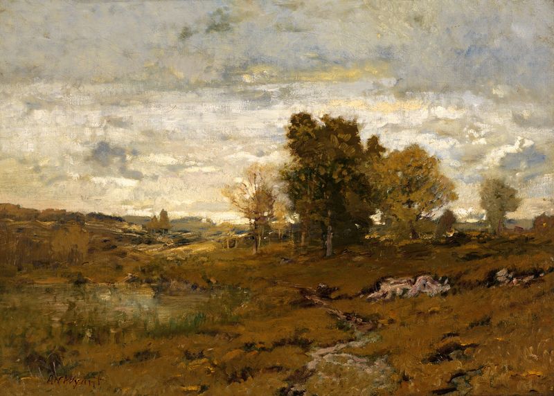 Autumn landscape with trees and golden light, oil on canvas by Alexander Helwig Wyant