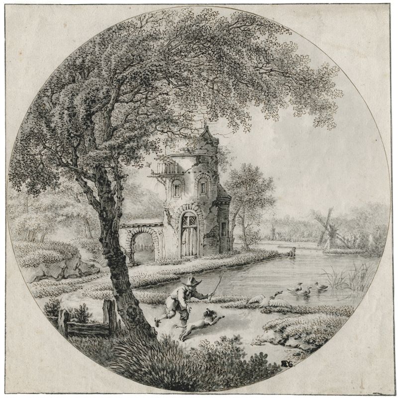 Landscape oil painting by Barend Hendrik Thier, featuring a serene pond and lush greenery.