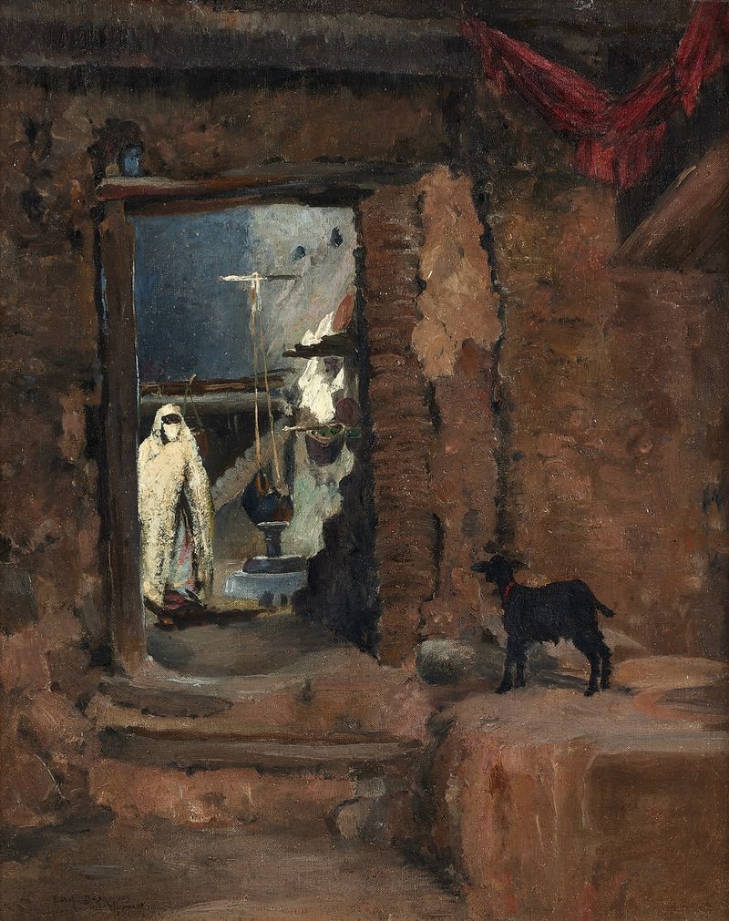 Interior scene with a softly rendered doorway and light by Eugène Deshayes, oil painting