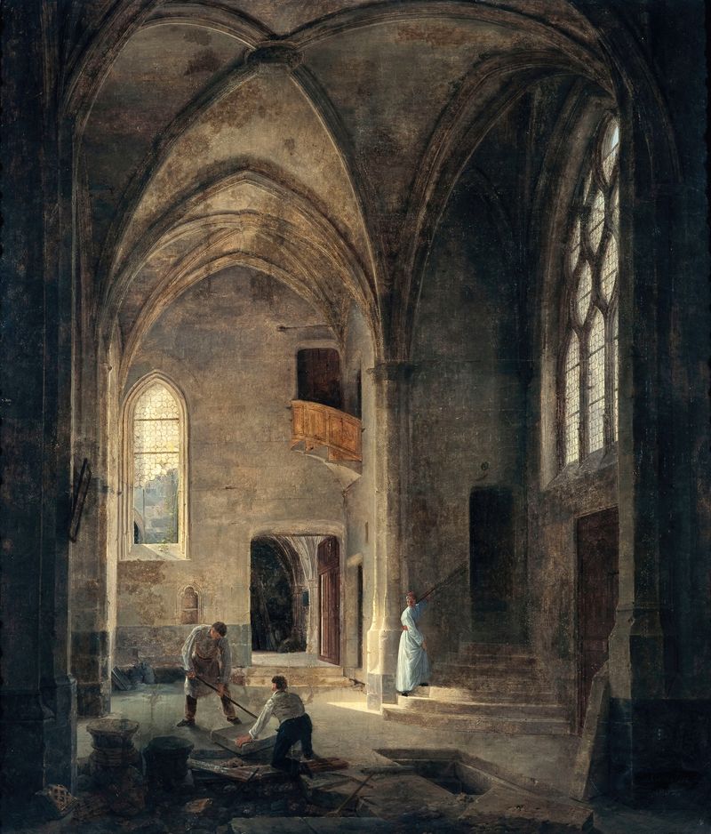 Interior of Saint-Benoît-le-Bestouné church by Louis Courtin, stained glass and stone.