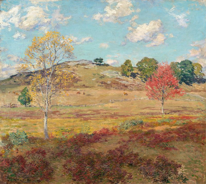 Early Autumn by Willard Leroy Metcalf, oil painting depicting autumn leaves and light.
