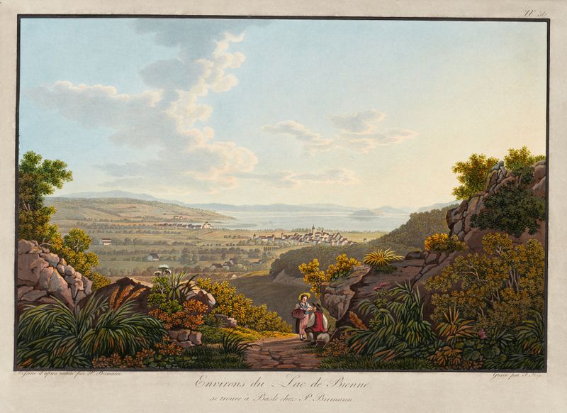 Pintura al óleo de Peter Birmann que representa un lago tranquilo con nubes.