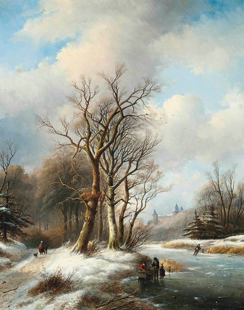 Figures gliding on a frozen waterway, oil painting by Jan Jacob Coenraad Spohler