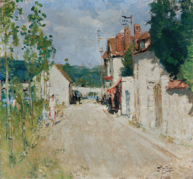Rue De Village de Pierre-Eugène Montézin, pintura a óleo que retrata cottages e suave luz da tarde.