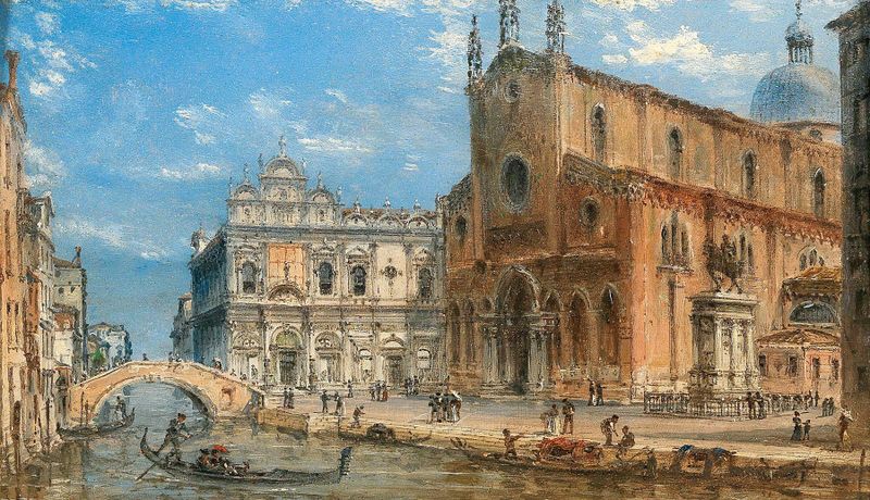 Estátua equestre em uma paisagem, pintura a óleo de Giovanni Grubacs