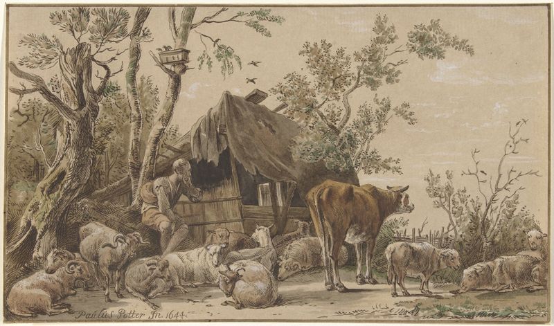 Herder bij stal by Christiaan Josi, oil on canvas depicting a herder in a stable at twilight.
