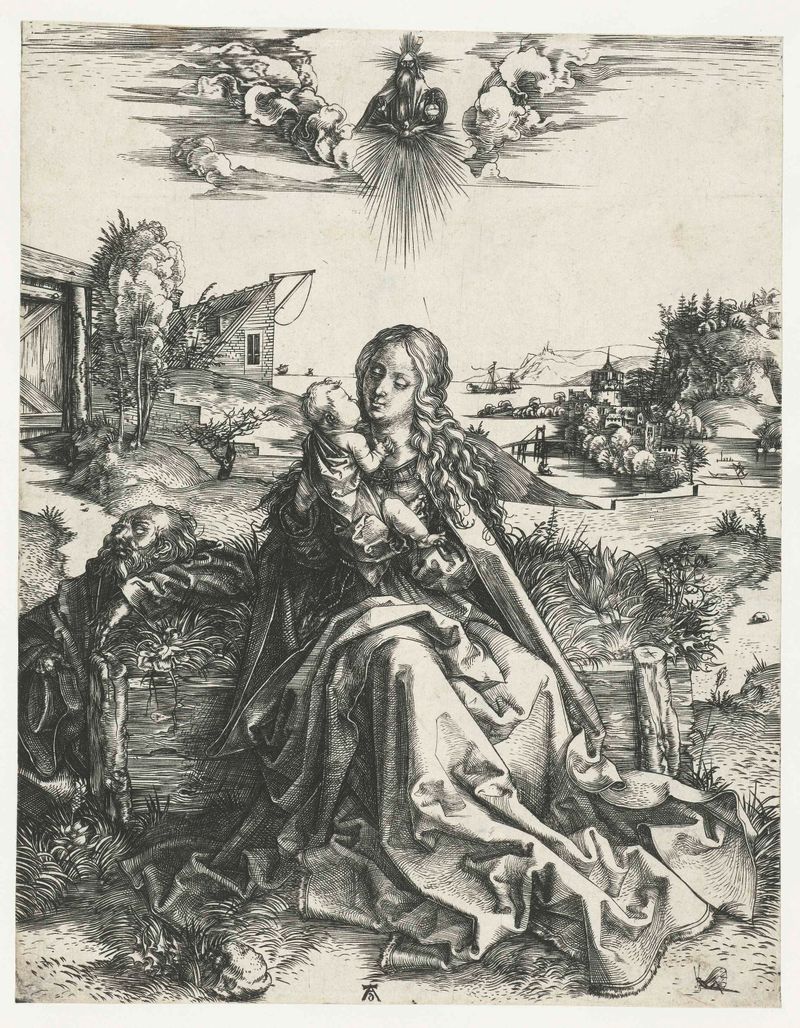 Gravura de Albrecht Dürer retratando a Sagrada Família com uma libélula.