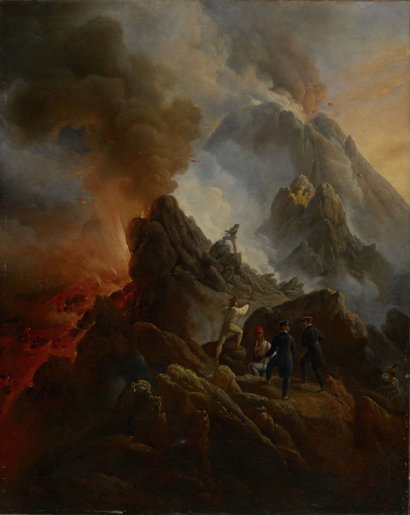 A Erupção do Vesúvio, óleo de Horace Vernet, com o artista e seu pai.