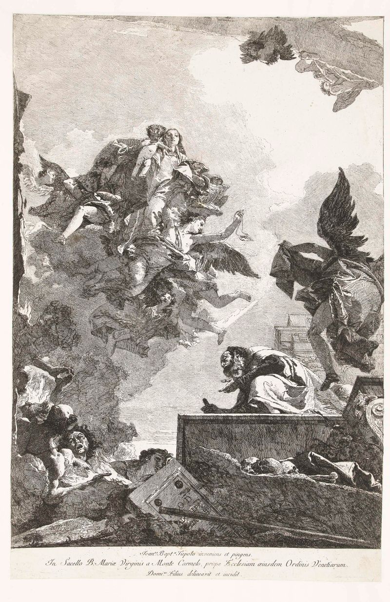 Maria verschijnt aan heilige Simon Stock, etching by Giovanni Domenico Tiepolo depicting a divine encounter.