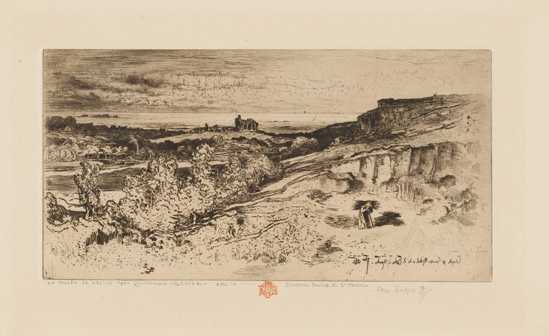Capela de São Miguel em l'Estre de Félix Hilaire Buhot, pintura a óleo que retrata detalhes intrincados de pedra e luz.