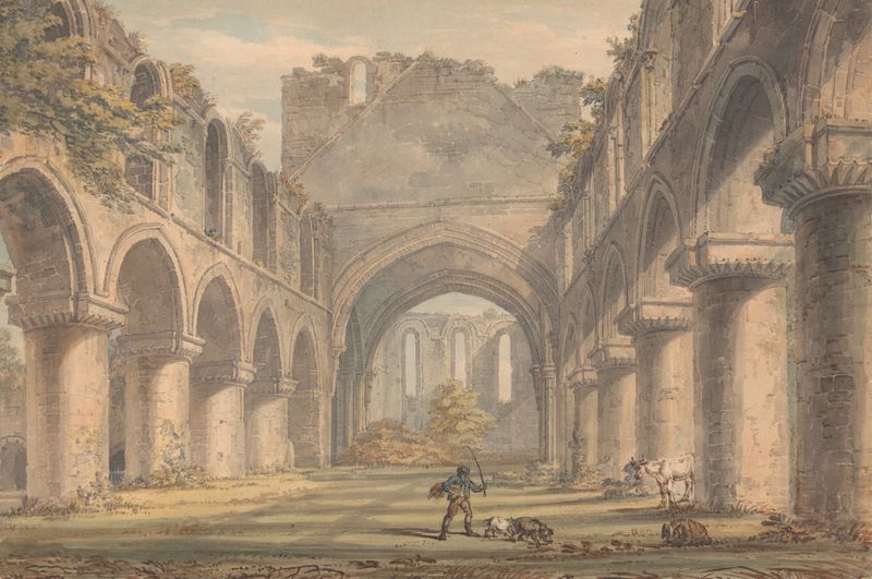 Ruínas de Buildwas Abbey, arquitetura de Edward Dayes, 1790