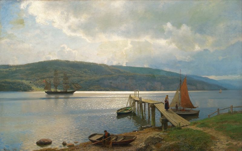 The Jetty At Feste Near Moss de Hans Gude, óleo sobre tela que retrata uma cena de água tranquila