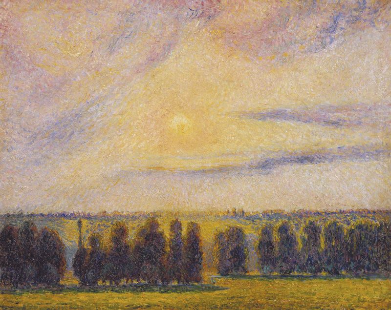Sunset at Eragny de Camille Pissarro, pintura a óleo que retrata uma paisagem vibrante de pôr do sol.