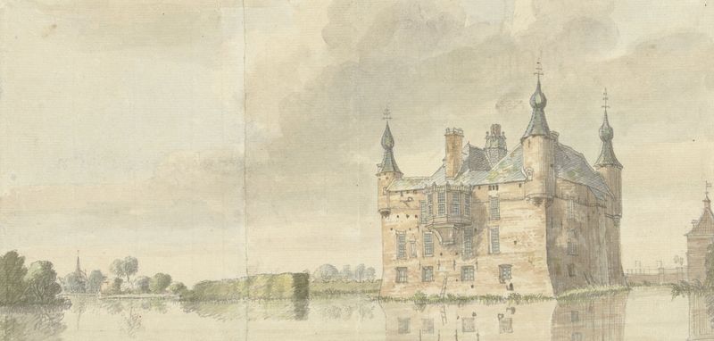 Het Huis Driesberg by Jan de Beijer, etching of a house in a tranquil landscape.