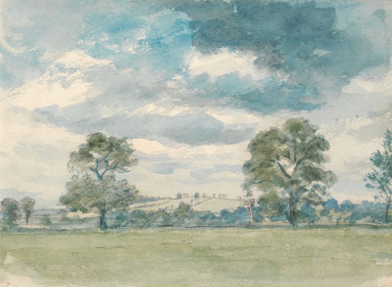 Summer Landscape by Lionel Constable, oil on canvas depicting rolling hills and greenery under a cobalt sky.