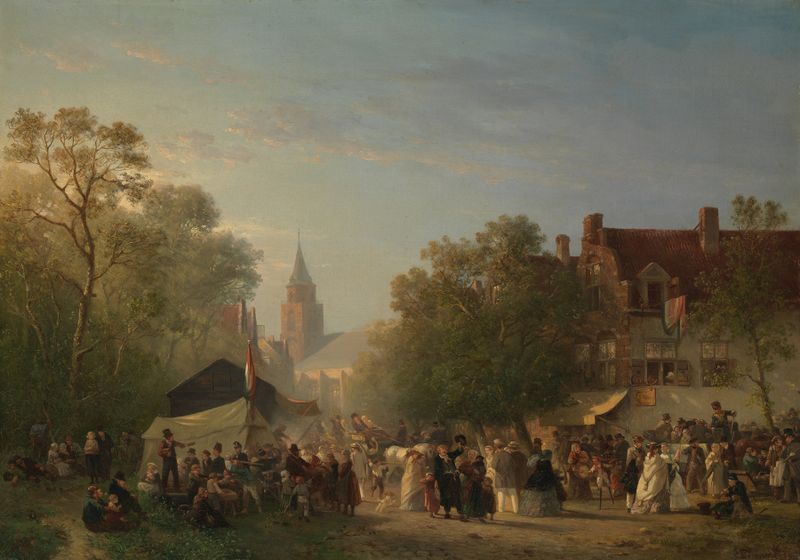 Fair in Scheveningen de Samuel Verveer, pintura al óleo que representa una escena de feria animada
