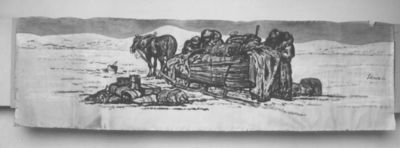 Tempera painting by Eigil Schwab depicting a winter landscape with a horse and sleigh.