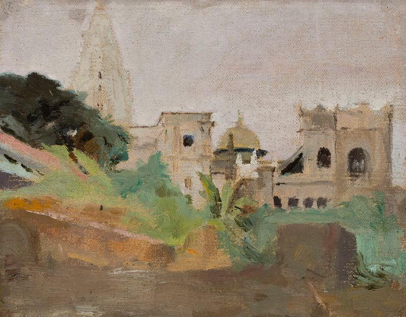 Temple. From the journey to India de Jan Ciągliński, óleo sobre tela que retrata um templo ao pôr do sol.