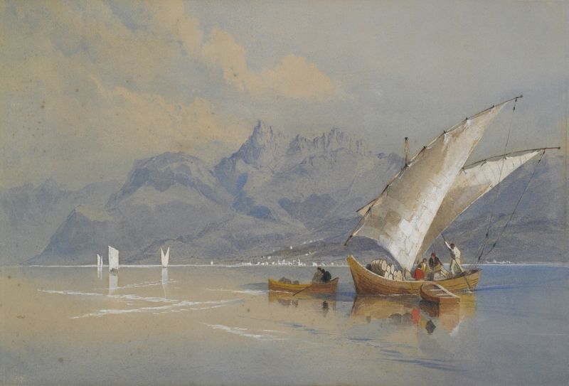 Lake of Como by Richard Principle Leitch, oil on canvas, depicting a tranquil lake with serene reflections.