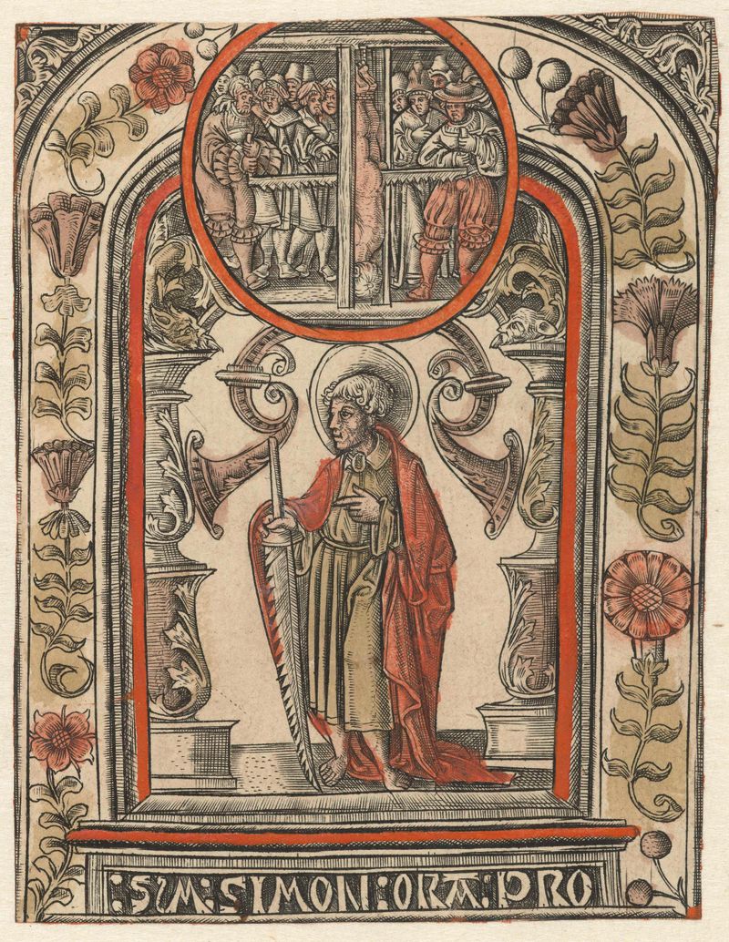 Engraving by Allaert Claesz depicting Simon's martyrdom