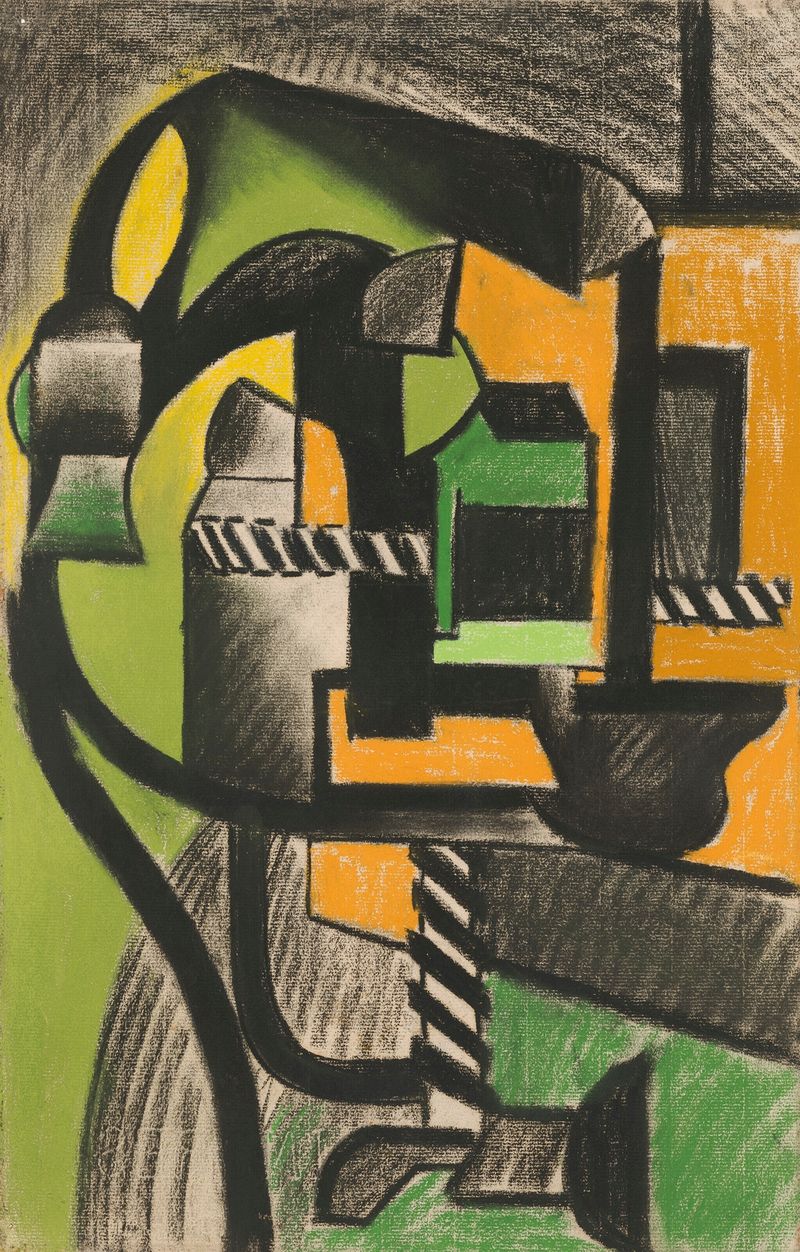 Composición abstracta de Henri Gaudier-Brzeska, pintura al óleo con colores vibrantes y formas dinámicas.
