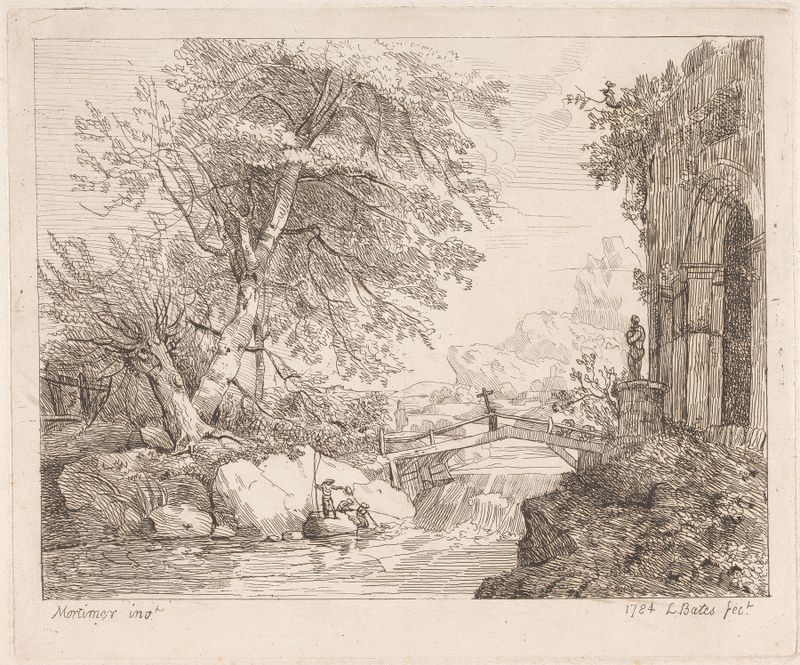 Landscape with Classical Ruins, oil on canvas by John Hamilton Mortimer, featuring crumbling columns and lush scenery.