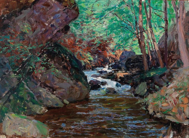 Paisaje que representa un arroyo con reflejos, de Alfred Zoff, medio desconocido