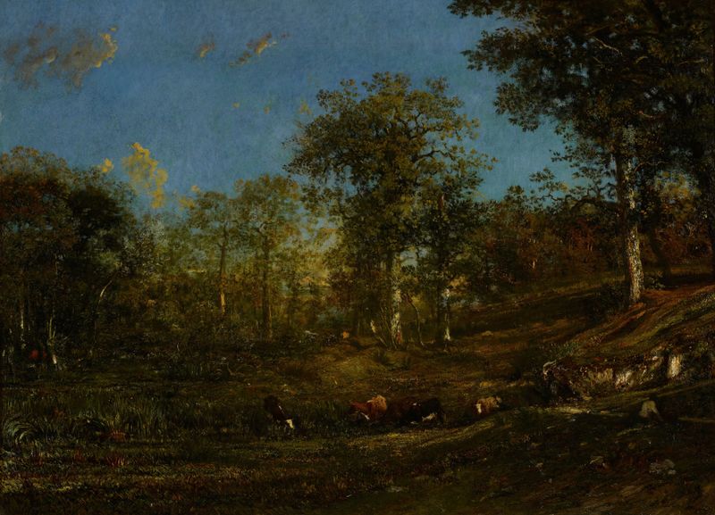 Paisagem de colinas suaves e luz do sol por Jules Dupré, pintura a óleo