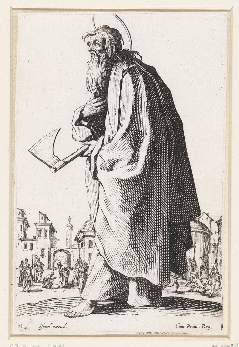 Apostel Judas Thaddeüs, grabado de Jacques Callot, con figura religiosa y mirada intensa.
