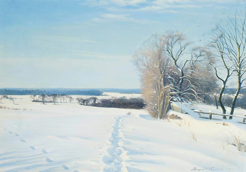 Footprints in the snow de Sigvard Marius Hansen, representando un paisaje invernal sereno.