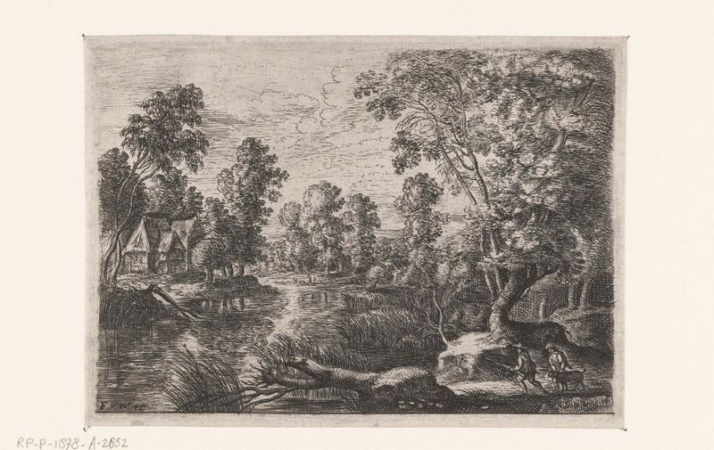 Landscape with a brook and a hunter, etching by Lucas van Uden