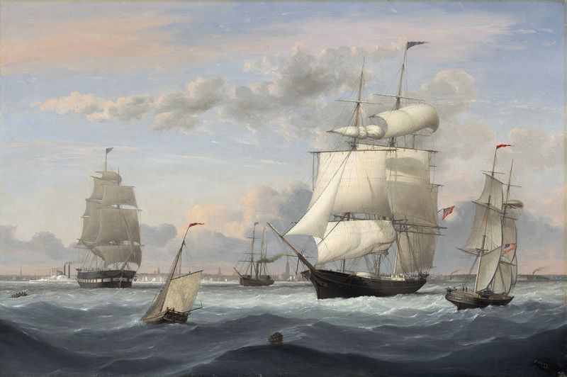 New York Harbor de Fitz Henry Lane, óleo que mostra um vapor e o horizonte da cidade