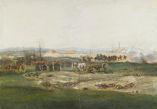 A depiction of a battlefield with soldiers and a cart amidst a somber scene.