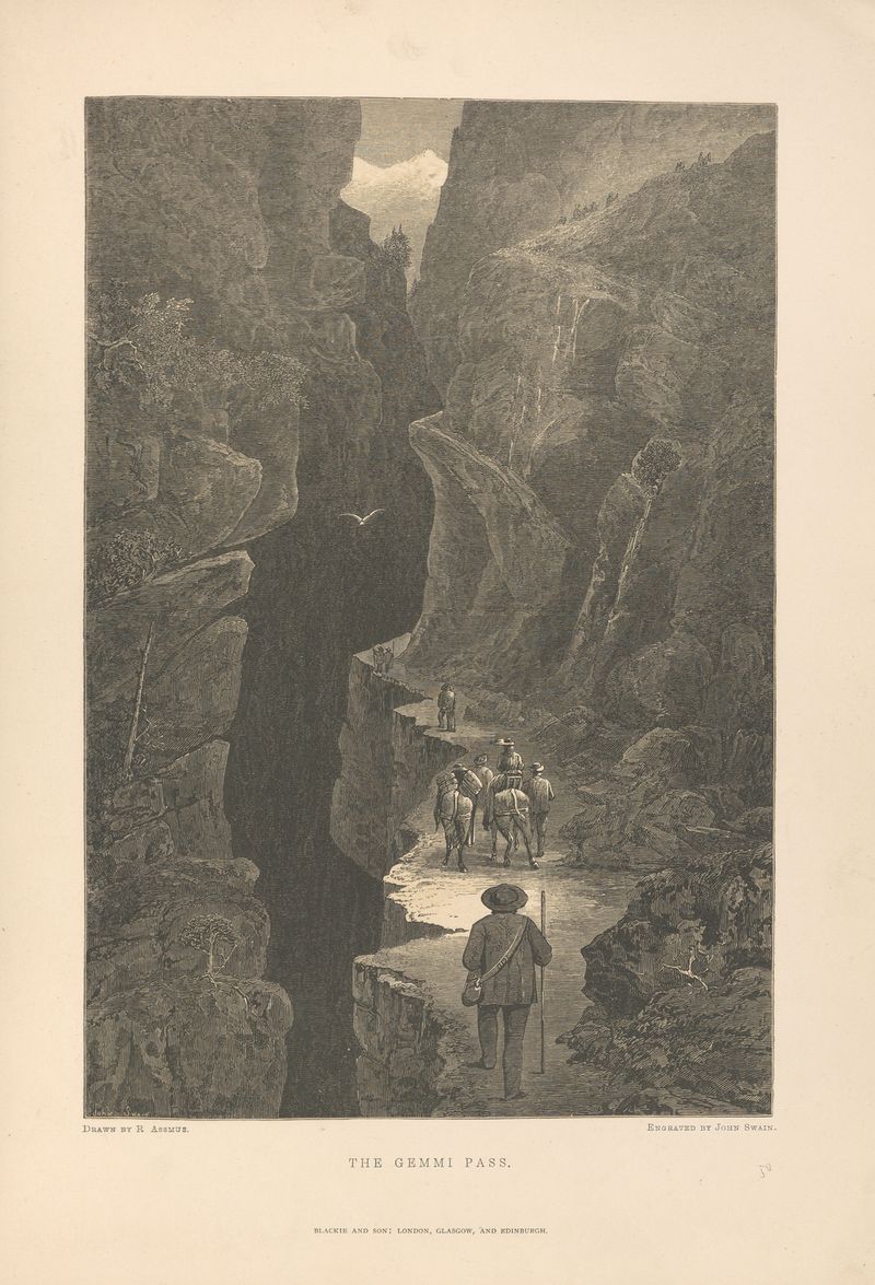 The Gemmi Pass de Theodor Gsell Fels, óleo que muestra montañas al anochecer.