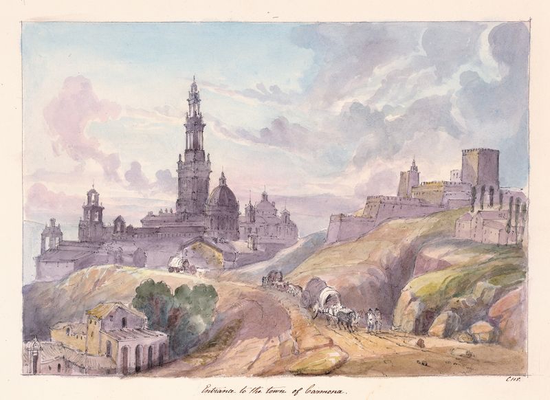 Paisaje que representa la ciudad de Carmona, pintura al óleo de Charles Hamilton Smith