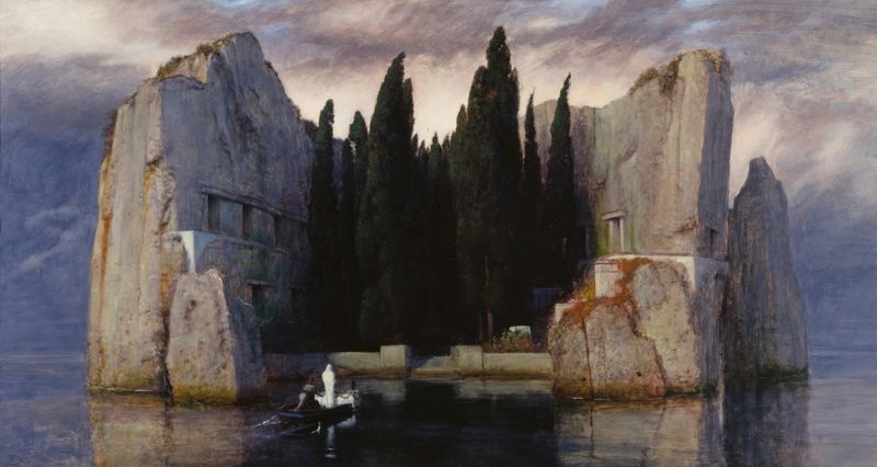 Die Toteninsel III by Arnold Böcklin, oil on canvas, depicts a dark island with trees and twilight water.
