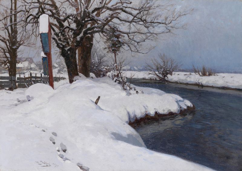 Winter landscape with skeletal trees under a pale sky by Otto Strützel, 1926