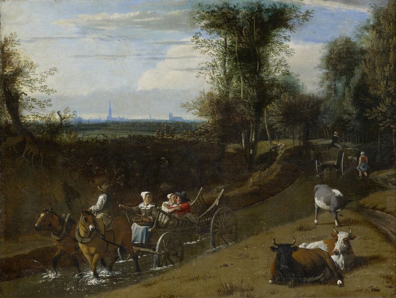 Paisaje con una carreta en un lecho de río de Jan Siberechts, pintura al óleo