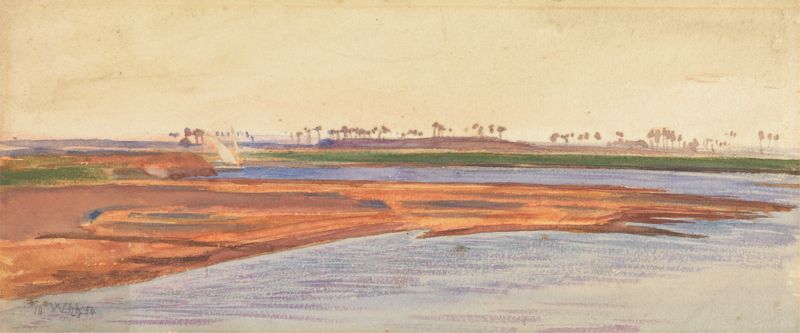 O Nilo de William Holman Hunt, pintura a óleo que retrata uma paisagem exuberante com um rio.