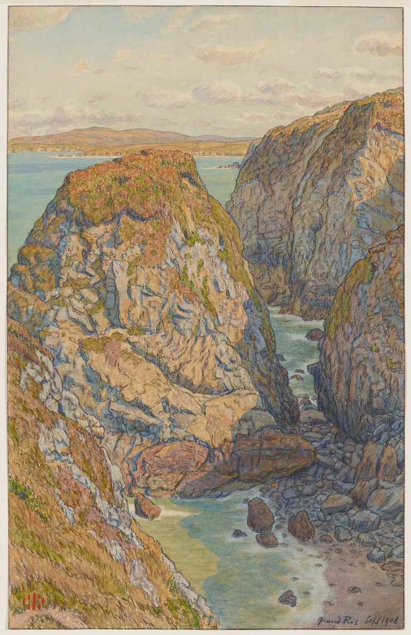Acuarela de Henri Rivière que representa acantilados y mar en Douarnenez