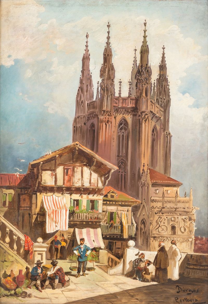 Pintura a óleo de paisagem de Friedrich Perlberg com a catedral de Burgos ao pôr do sol.